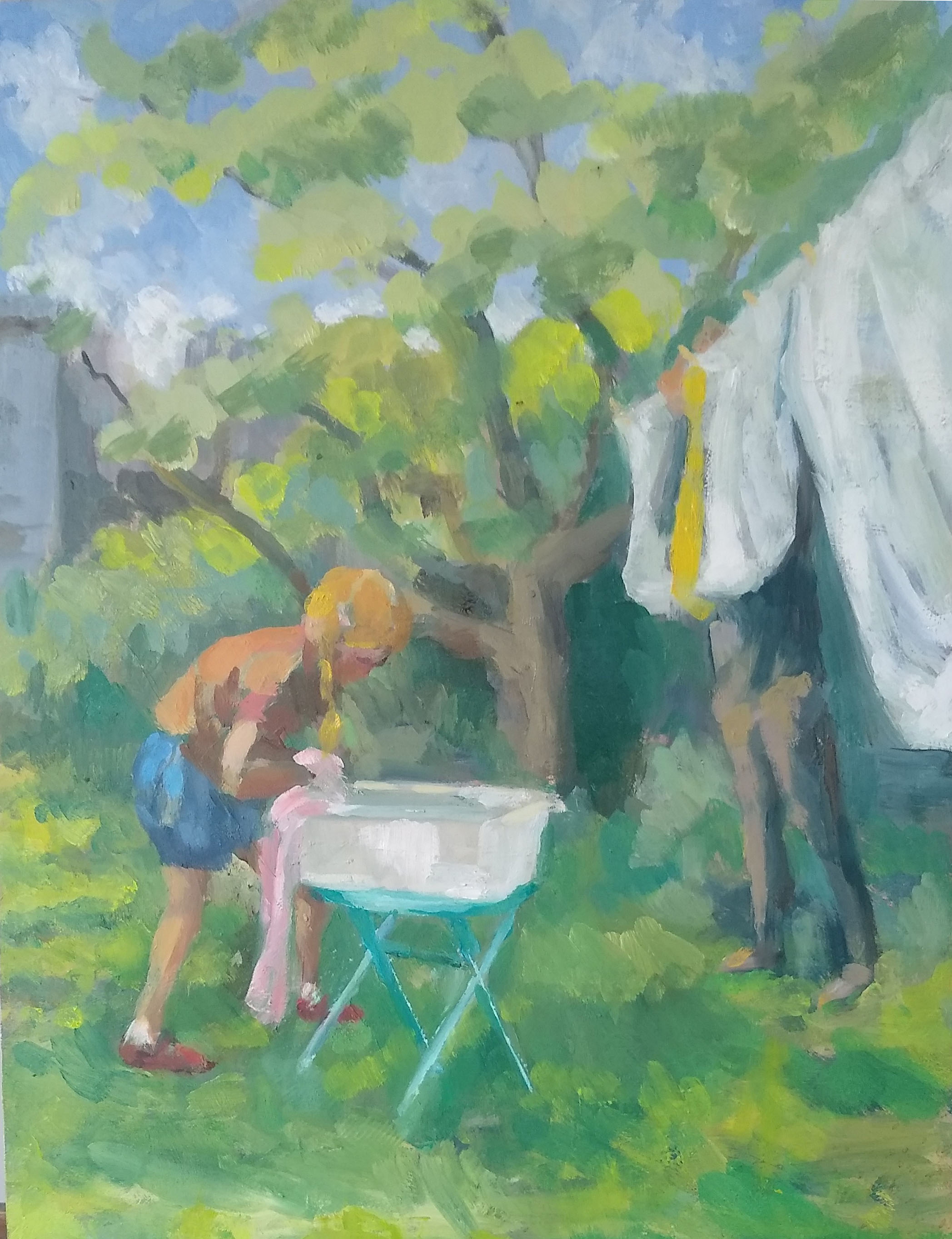 An oil painting of Ida hanging out the washing by Caroline Mayow