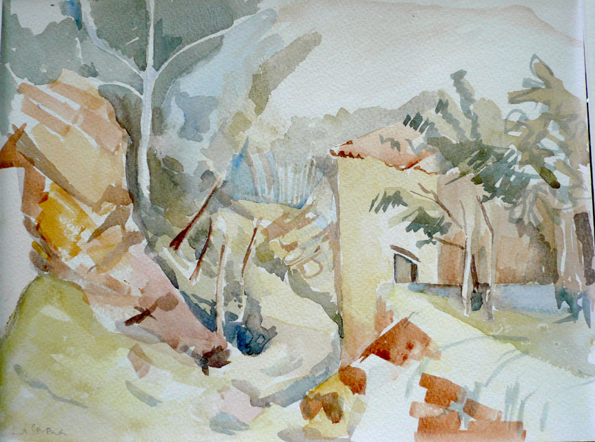 A watercolour of a house by the rocks in La Sirena by Caroline Mayow