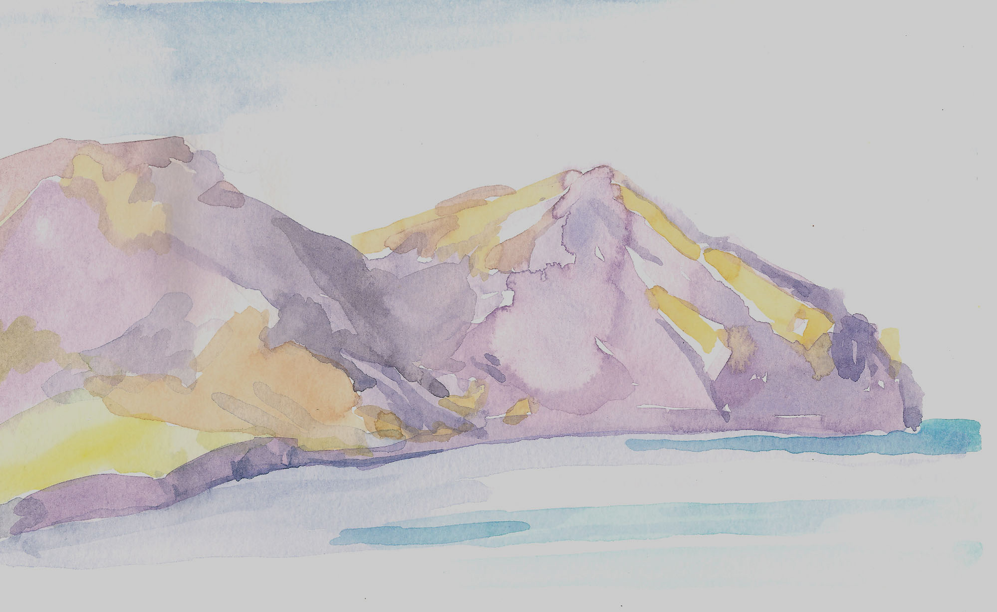 A watercolour of a mountain from Gorgona by Caroline Mayow