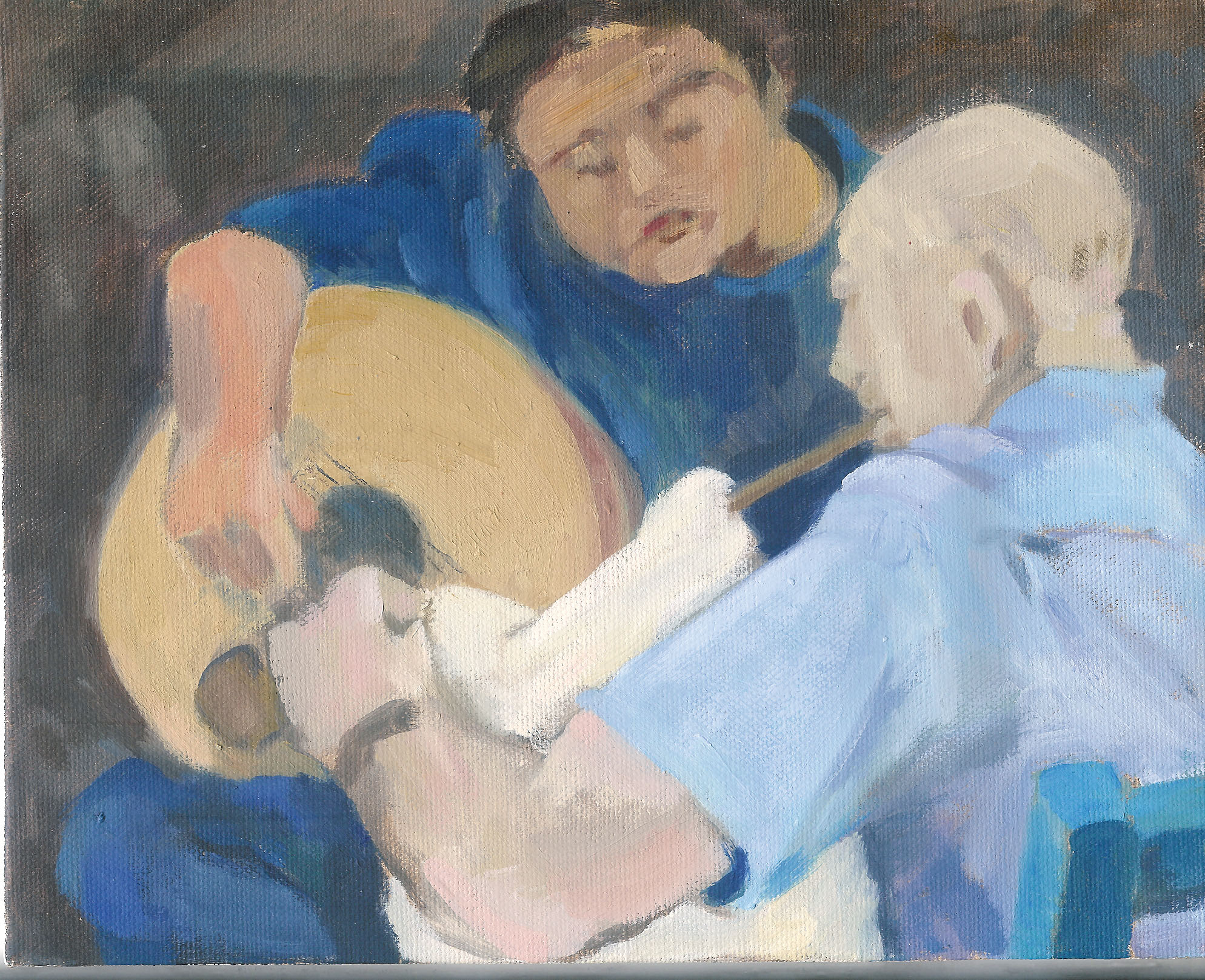 An oil painting of a roofer by Caroline Mayow