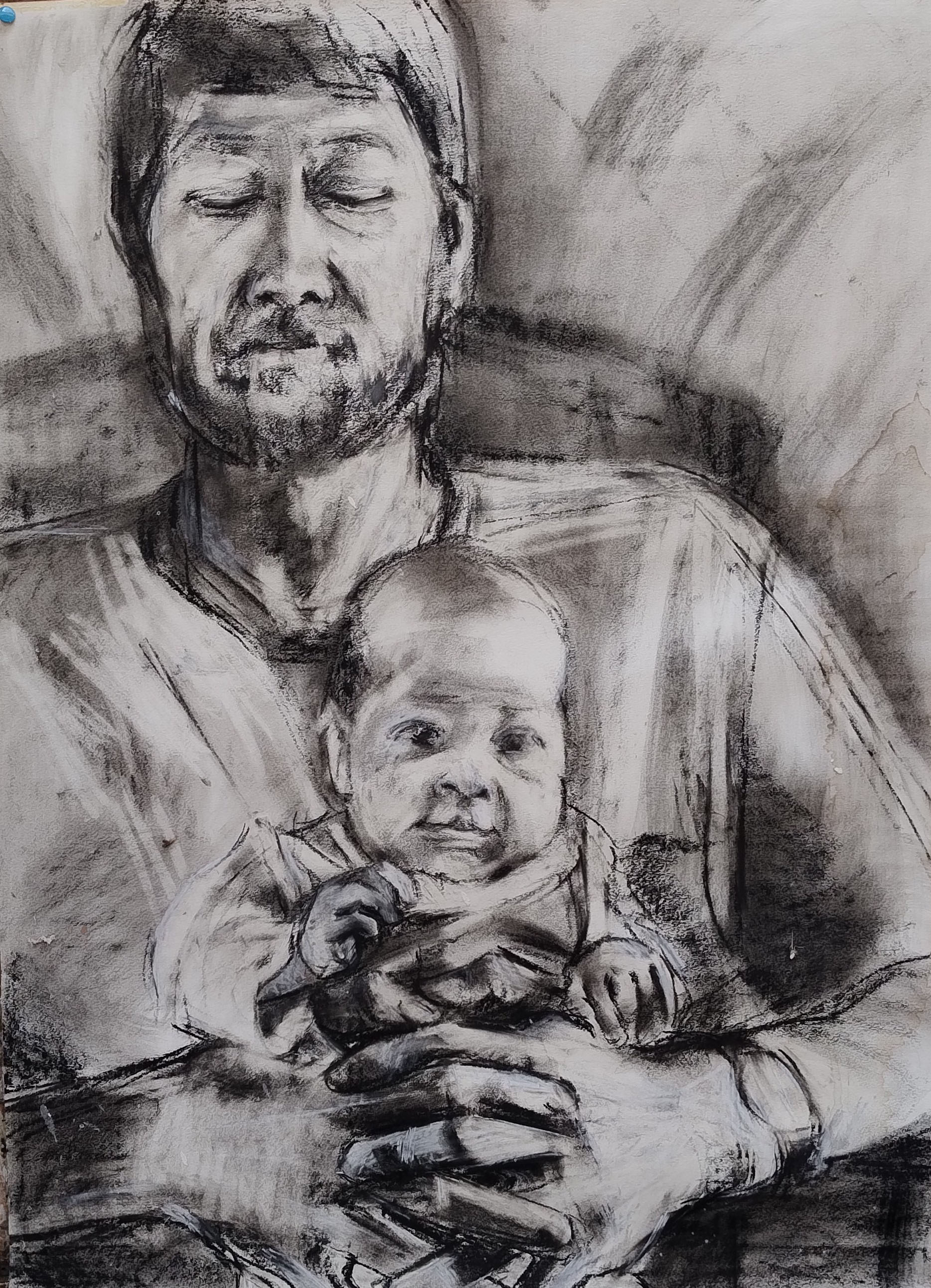 A charcoal drawing of Nick and Lisa by Caroline Mayow