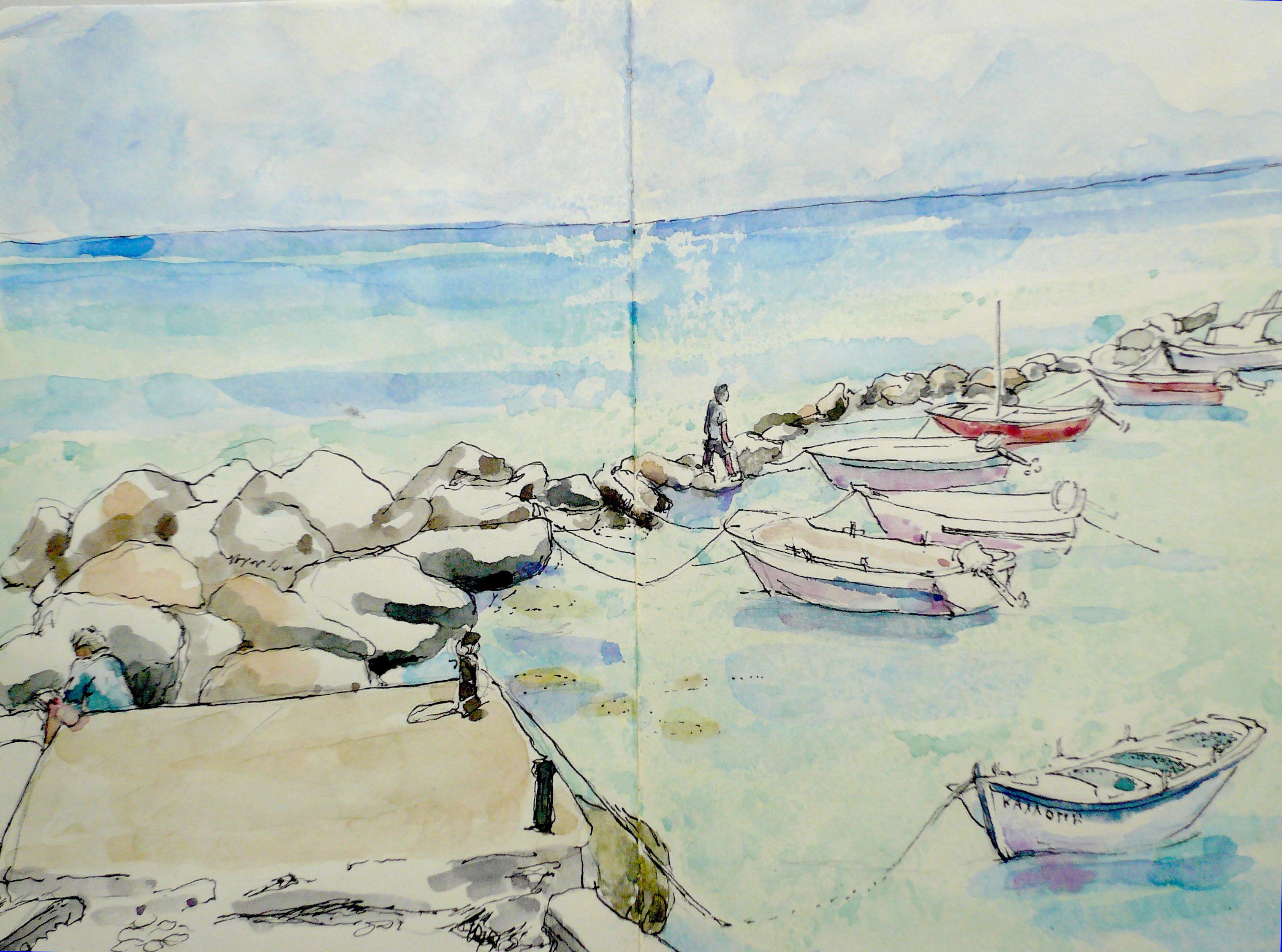 A watercolour sketch of a rock jetty by Caroline Mayow