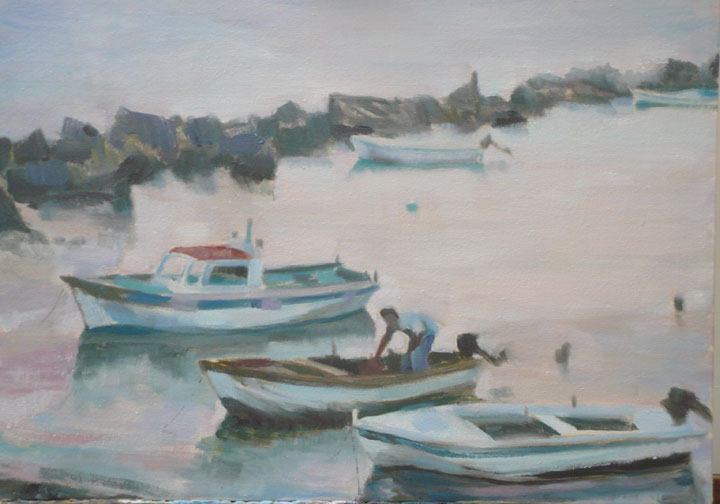 An oil painting of a rock jetty at sunset by Caroline Mayow