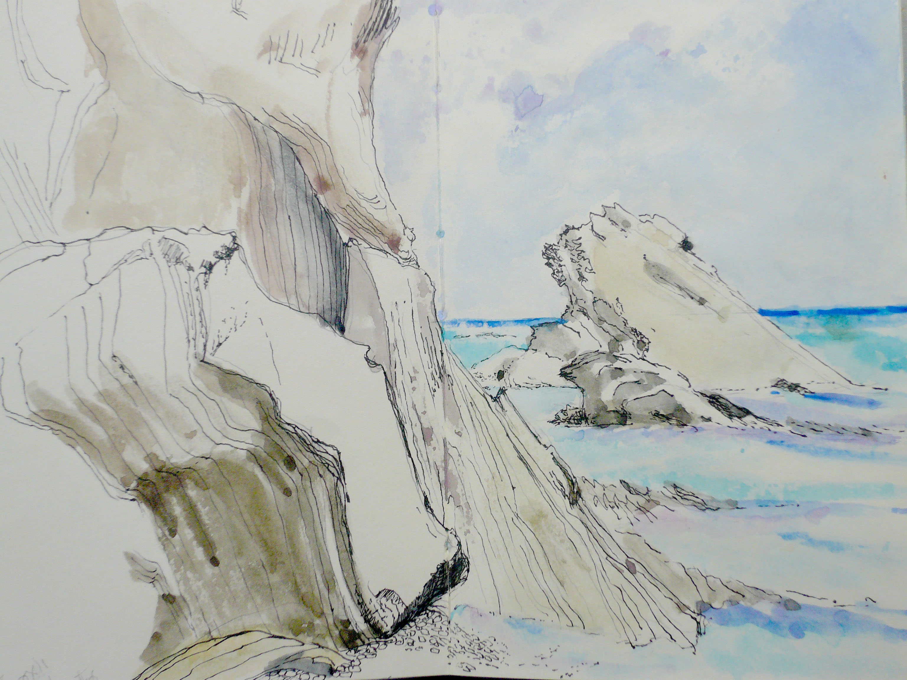 A watercolour and pen painting of a rocky shore by Caroline Mayow