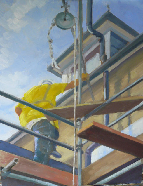 An oil painting of a roofer by Caroline Mayow