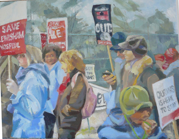 An oil painting of protestors in Lewisham by Caroline Mayow