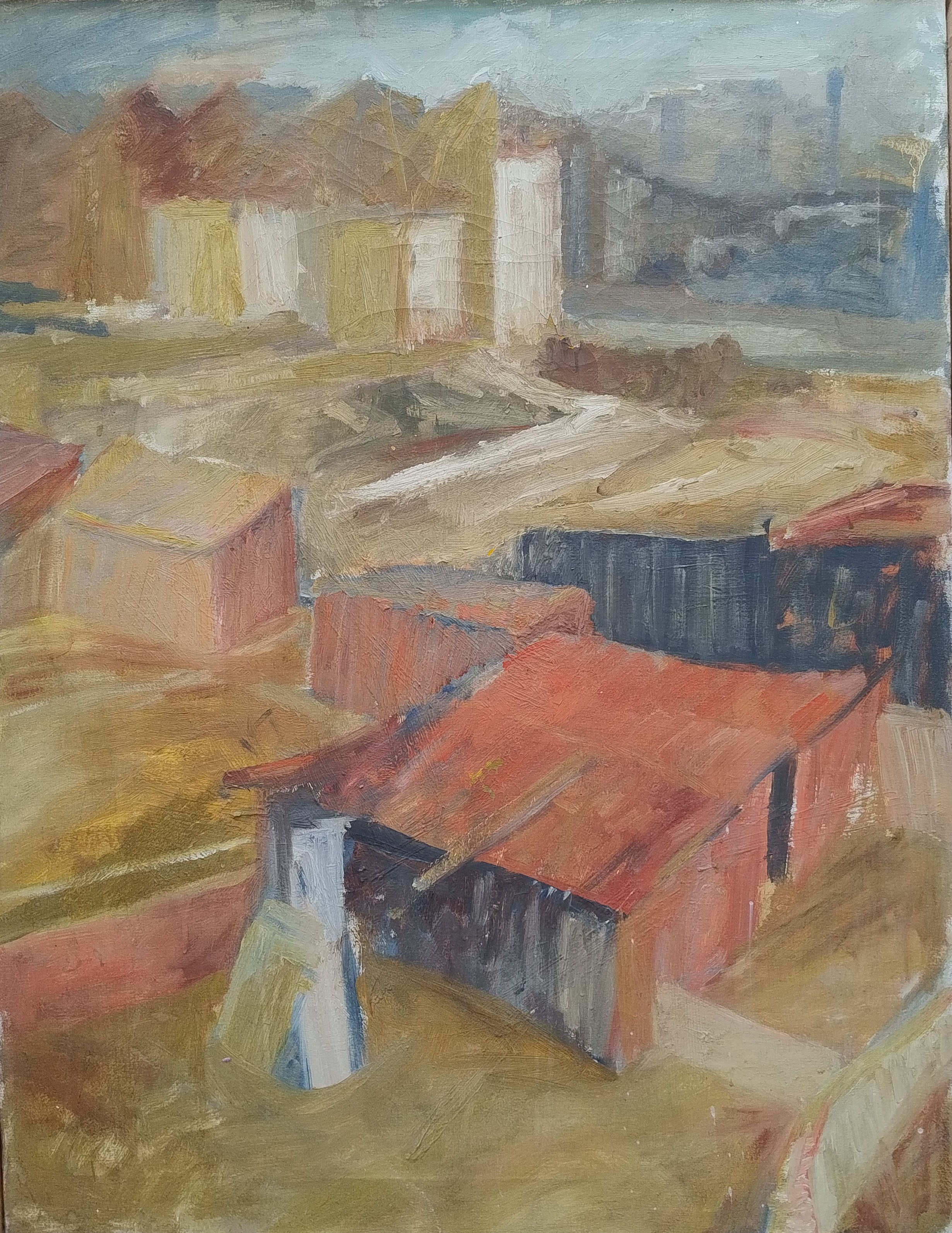 An oil painting of sheds in Camberwell by Caroline Mayow