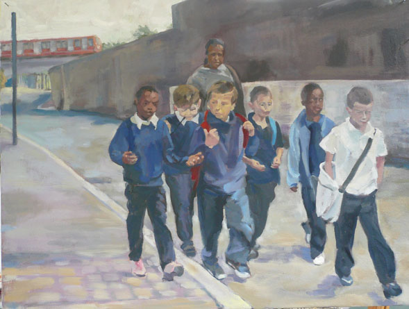 An oil painting of six boys in deptford by Caroline Mayow