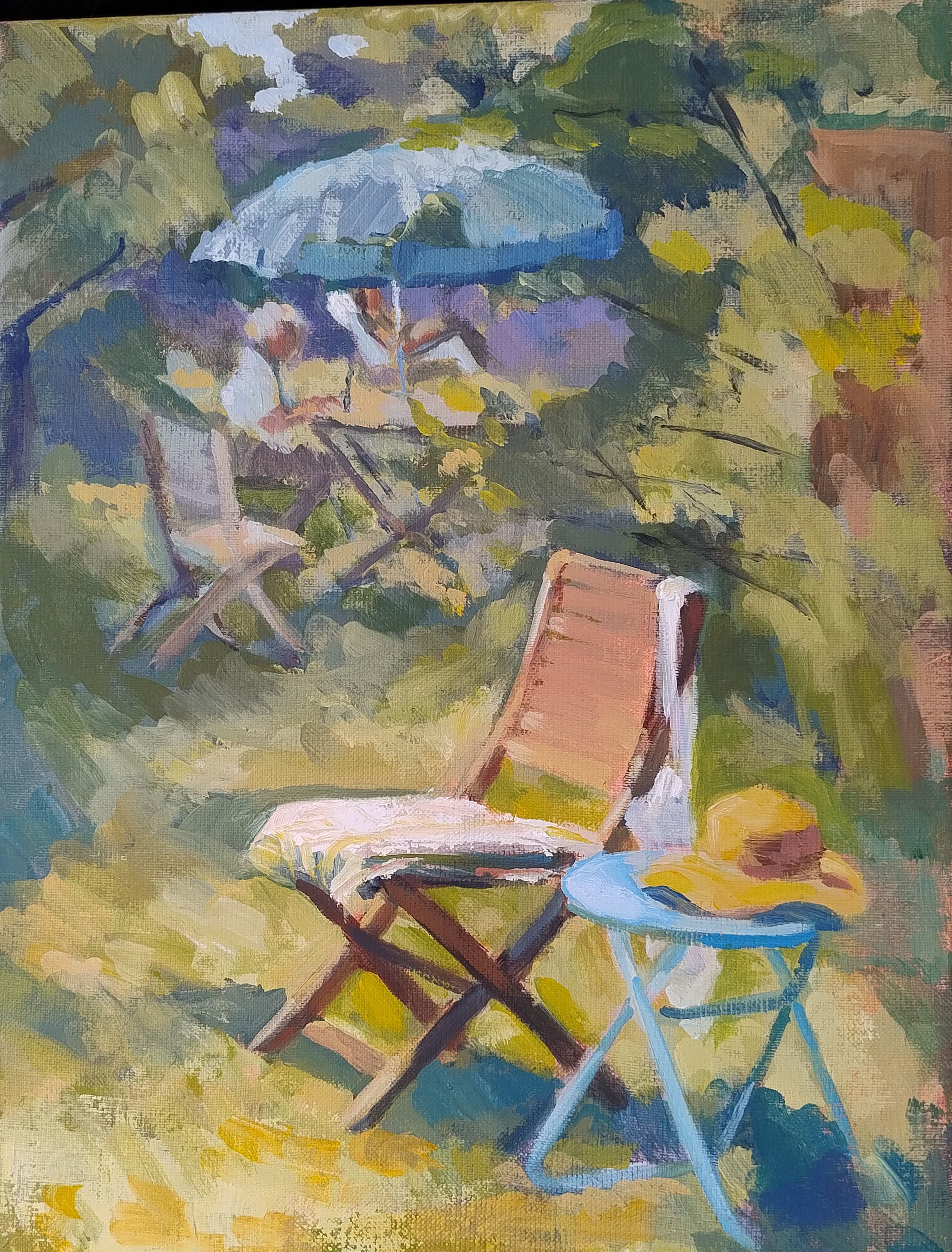 An oil painting of a summer garden by Caroline Mayow