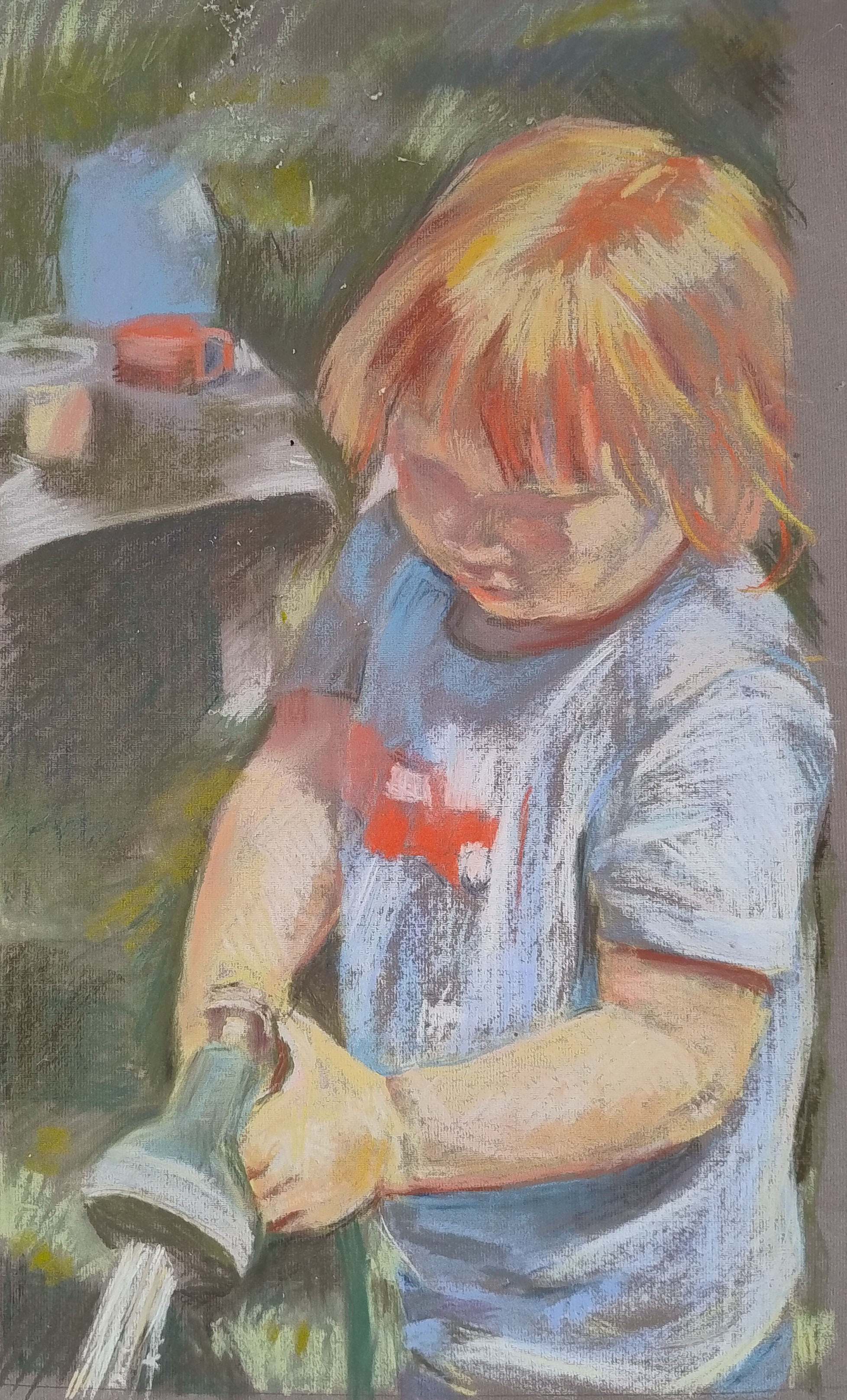 A pastel drawing of Fedya watering the garden by Caroline Mayow